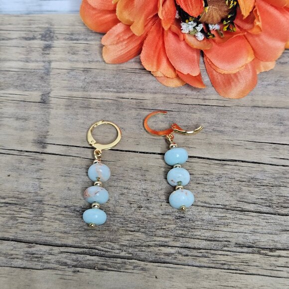 Hand Made Blue Snake Skin Jasper Gold Dangle Earrings - Picture 2 of 4